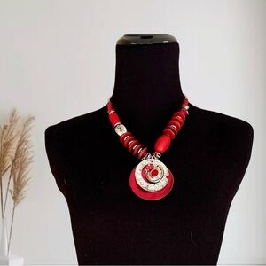 Chunky Red Boho Artisan Necklace